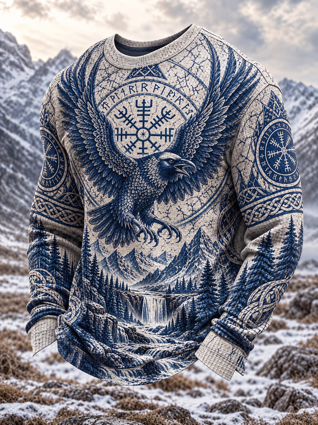 Herren-Viking-Print-Waffelpiqué-Langarm-T-Shirt