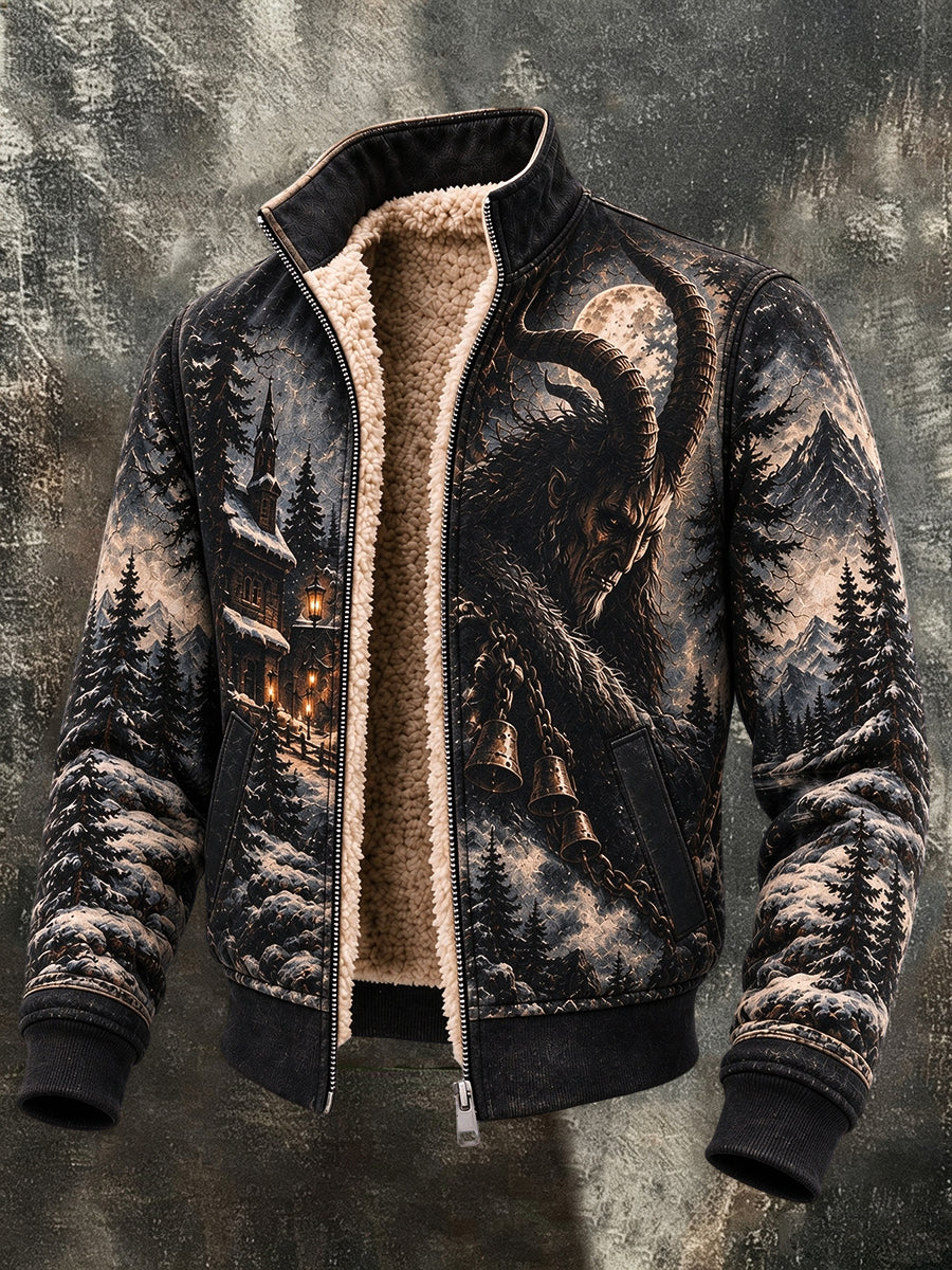Herren-Krampusnacht-Print-Fleecejacke aus Mischgewebe