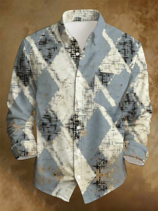 Herren Business-Stil Retro Distressed Bedrucktes lang ärmel iges Hemd