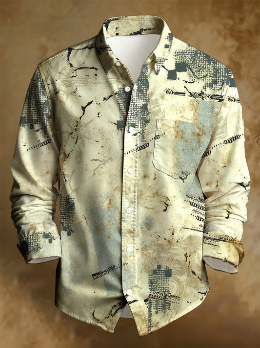 Herren Business-Stil Retro Distressed Bedrucktes lang ärmel iges Hemd