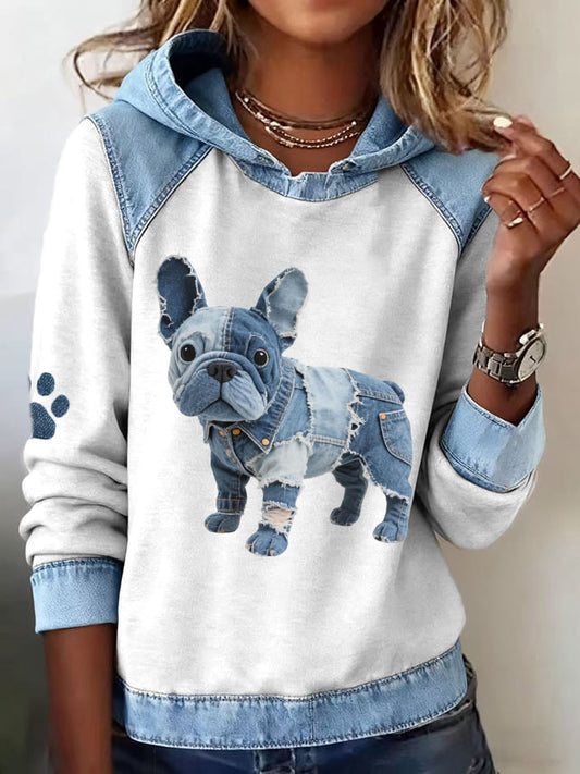 Women's French Bulldog Pattern Denim Patchwork Art Hoodie