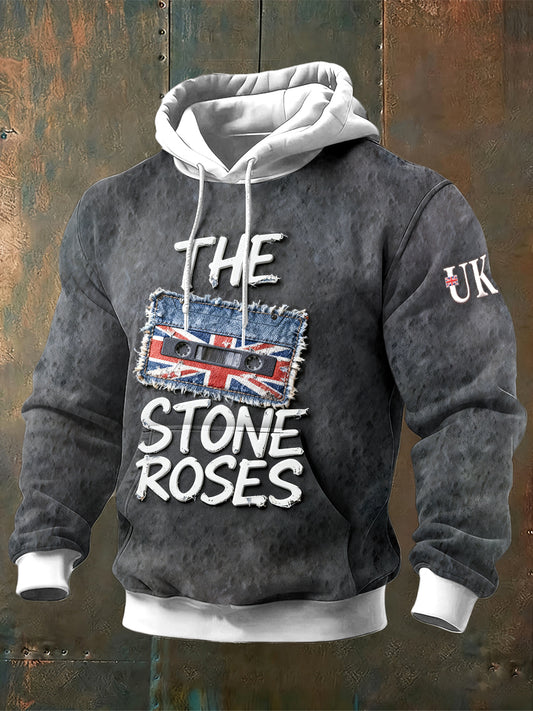 Men's British The Stone Rose Denim Print Grey Hooded Sweatshirt