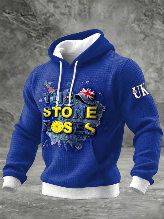 Men's British The Stone Rose Patchwork Print Blue Hooded Sweatshirt
