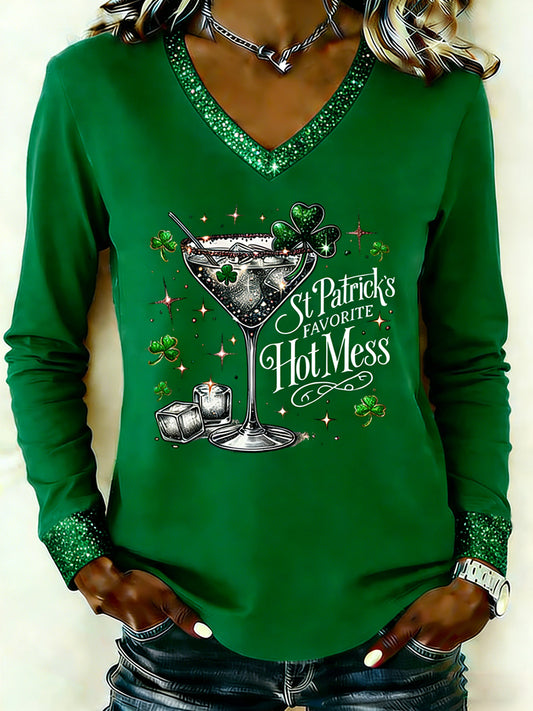 Women's St Patrick’s Hot Mess Print V-Neck Long Sleeve T-Shirt