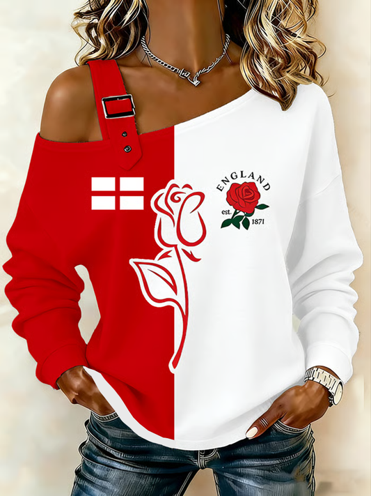 Women's England Rugby Lover Printed Casual Off-Shoulder Sweatshirt