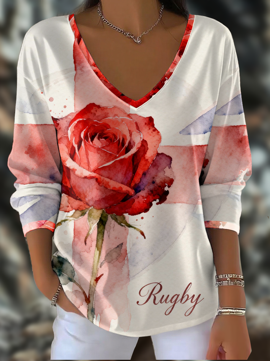 Women's England Rugby Lover Printed V-Neck T-Shirt