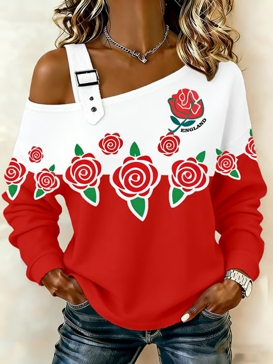 Women's England Rugby Lover Printed Casual Off-Shoulder Sweatshirt