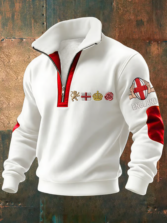 Men's England Rugby Lover Printed Plush Stand Collar Shirt