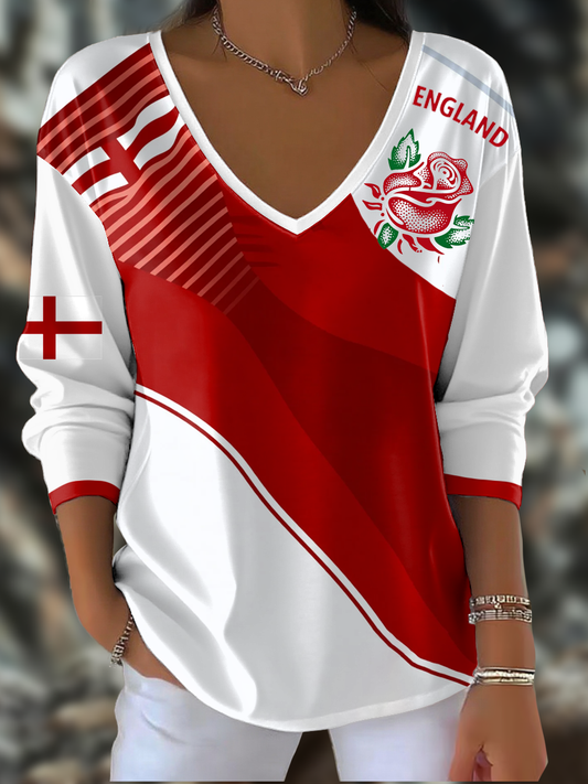 Women's England Rugby Lover Printed V-Neck T-Shirt