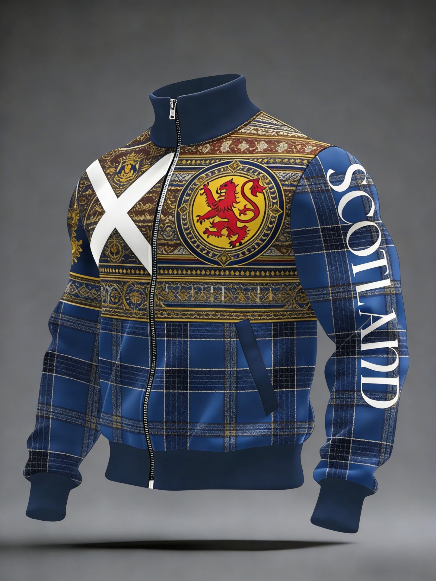 Unisex Scotland Football Lover Tartan Army  Printed Casual Stand Collar Jacket