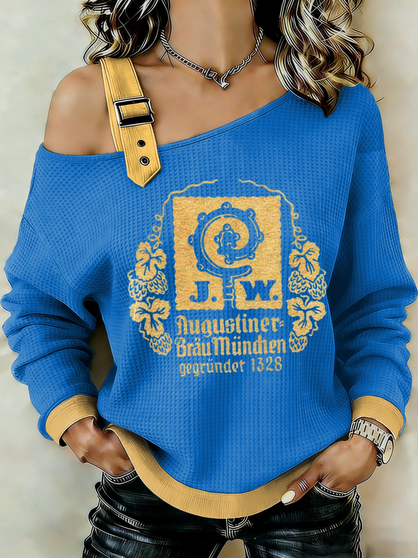 Damen Bier liebhaber Patchwork Print lässig schulter freies Sweatshirt