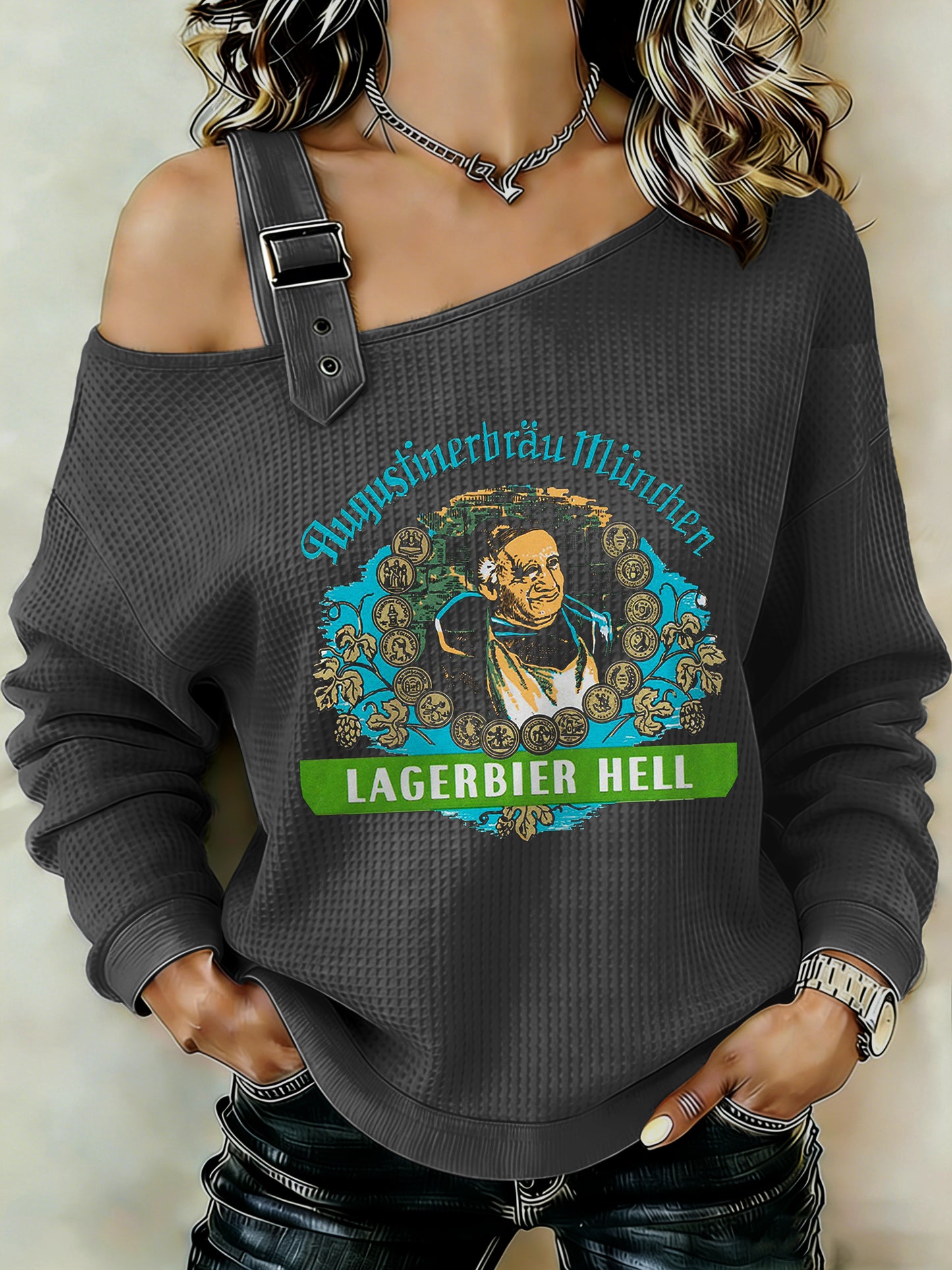 Damen-Beer-Lover-Patchwork-Print-Casual-Sweatshirt mit Schulterausschnitt