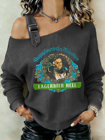 Damen-Beer-Lover-Patchwork-Print-Casual-Sweatshirt mit Schulterausschnitt