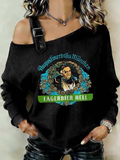 Damen-Beer-Lover-Patchwork-Print-Casual-Sweatshirt mit Schulterausschnitt