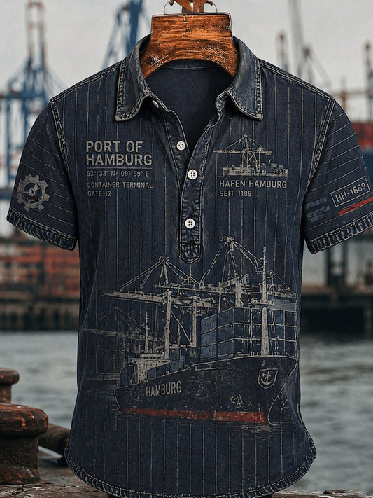 Herren-Lässiges Hemd im Retro-Stil mit Hafenmotiv aus Hamburg