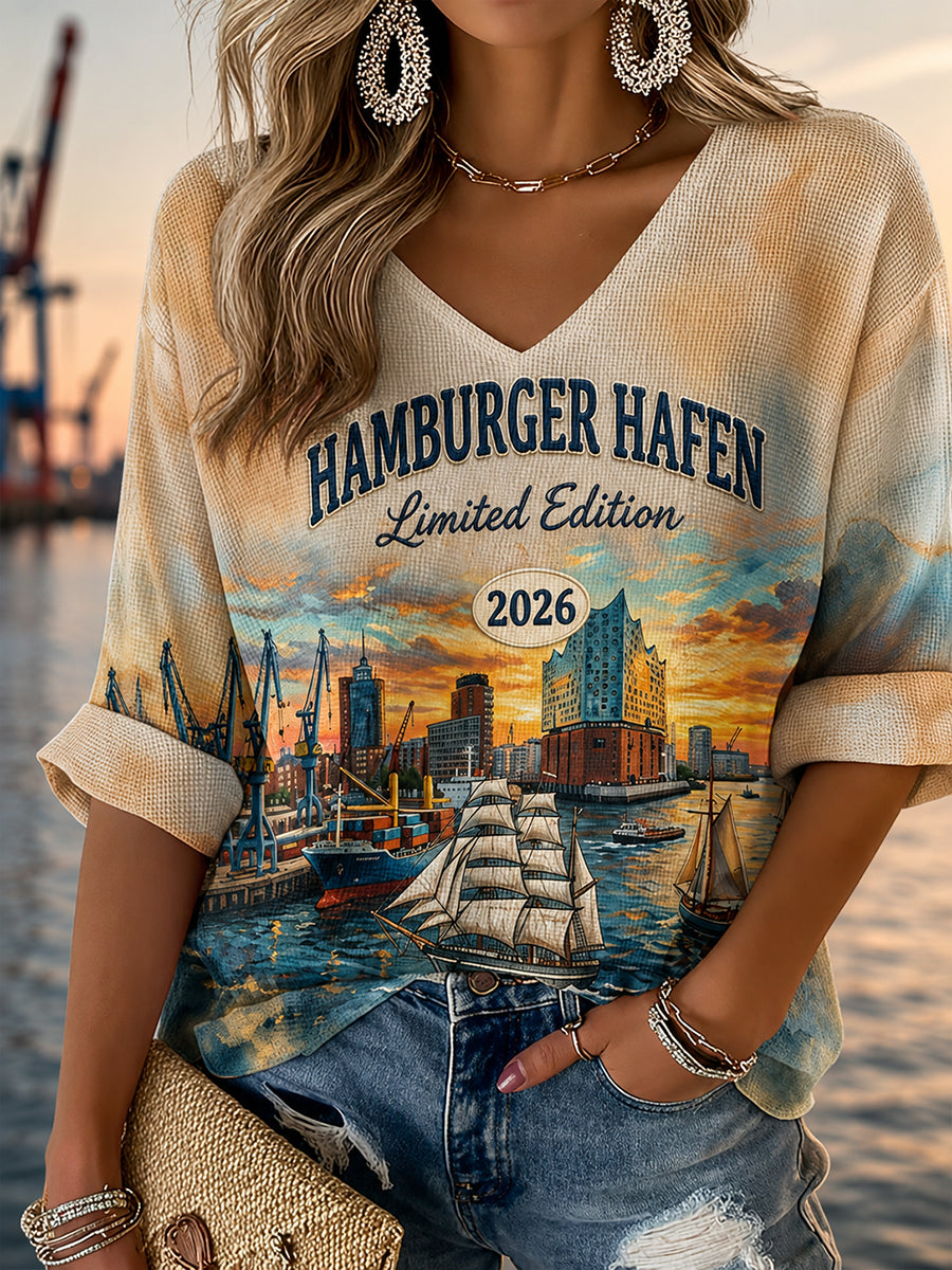 Damen-Hamburger-Hafen-2026-Geburtstagsedition-Waffel-Design-T-Shirt