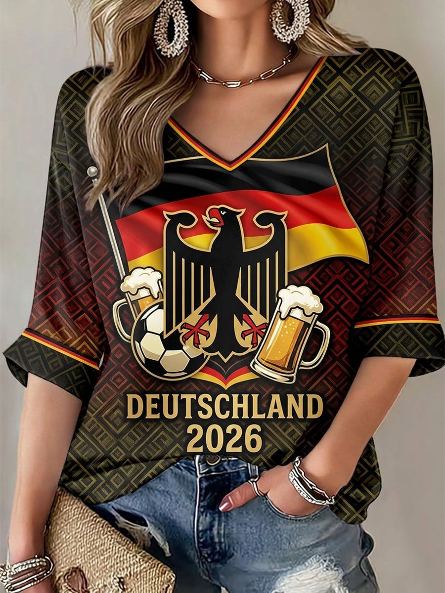 Frauen-T-Shirt mit deutschem Fußballmotiv, mittellangen Ärmeln und V-Ausschnitt