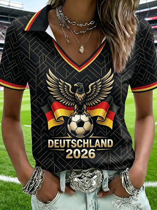 Bedrucktes Hemd mit V-Ausschnitt für Damen deutscher Fußball-Liebhaber