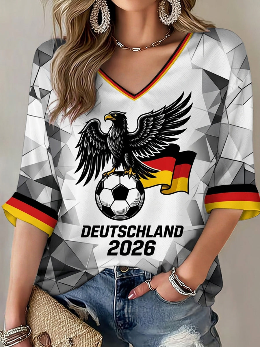 Damen deutscher Fußball-Liebhaber bedruckt mittellange Ärmel mit V-Ausschnitt T-Shirt