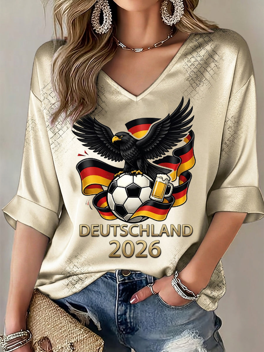 Frauen-T-Shirt mit deutschem Fußballmotiv, mittellangen Ärmeln und V-Ausschnitt