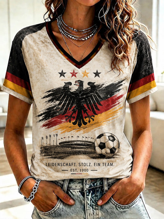 Damen-Fußball-T-Shirt aus Deutschland mit V-Ausschnitt und Aufdruck