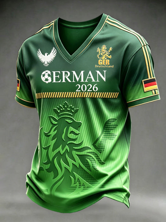 Herren-T-Shirt in Grün, Deutschland-Design 2026, lässig mit V-Ausschnitt und Fußball-Print