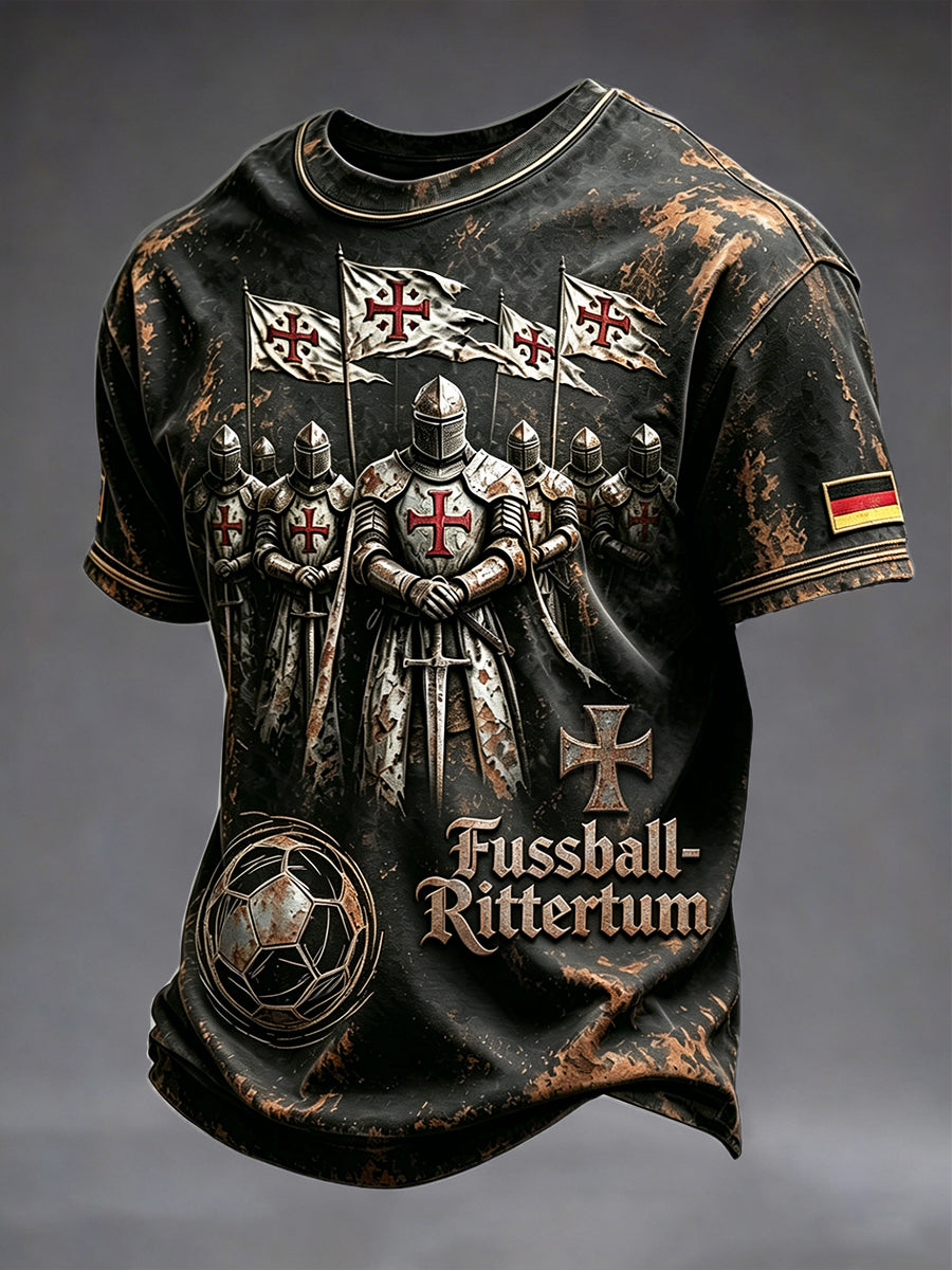 Herren-T-Shirt in Schwarz im deutschen Ritter-Stil mit Fußball-Print, lässig geschnitten