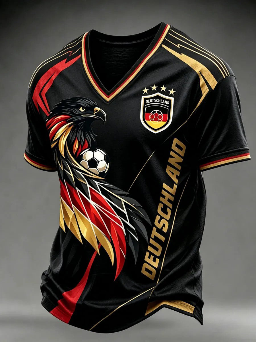 Herren-Fußballfan-T-Shirt aus Deutschland mit V-Ausschnitt und Print
