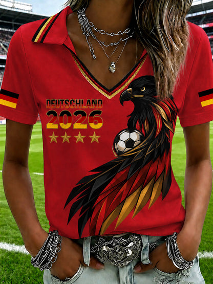 Damen-T-Shirt mit V-Ausschnitt und deutschem Fußballfan-Print