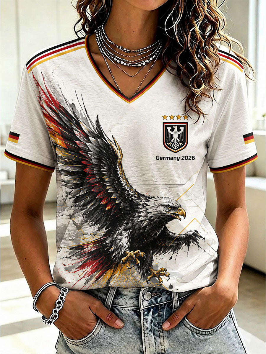 Damen-T-Shirt mit V-Ausschnitt und Fußball-Print, Deutschland