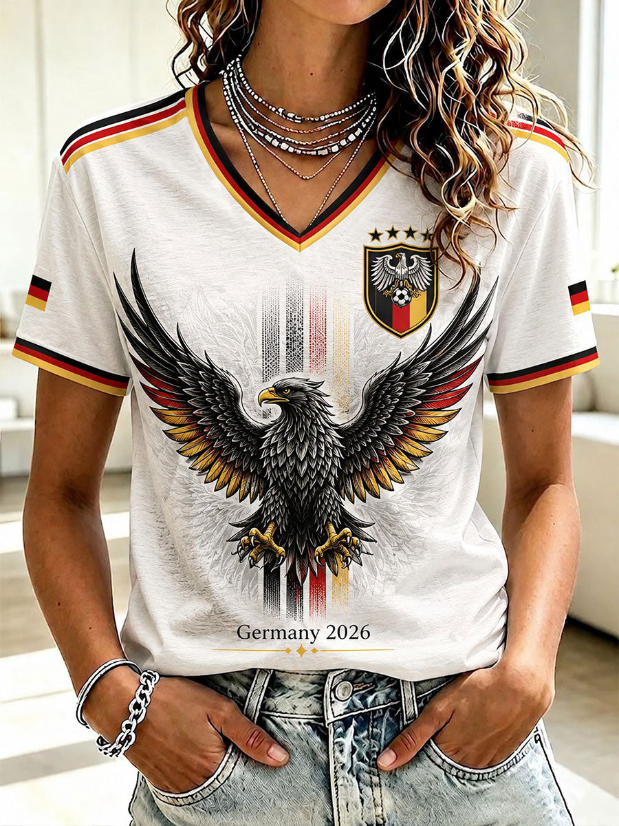 Damen-T-Shirt mit V-Ausschnitt und Fußball-Print, Deutschland