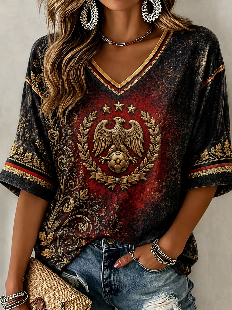 Women's Germany Football Pattern Linen V-Neck Shirt
