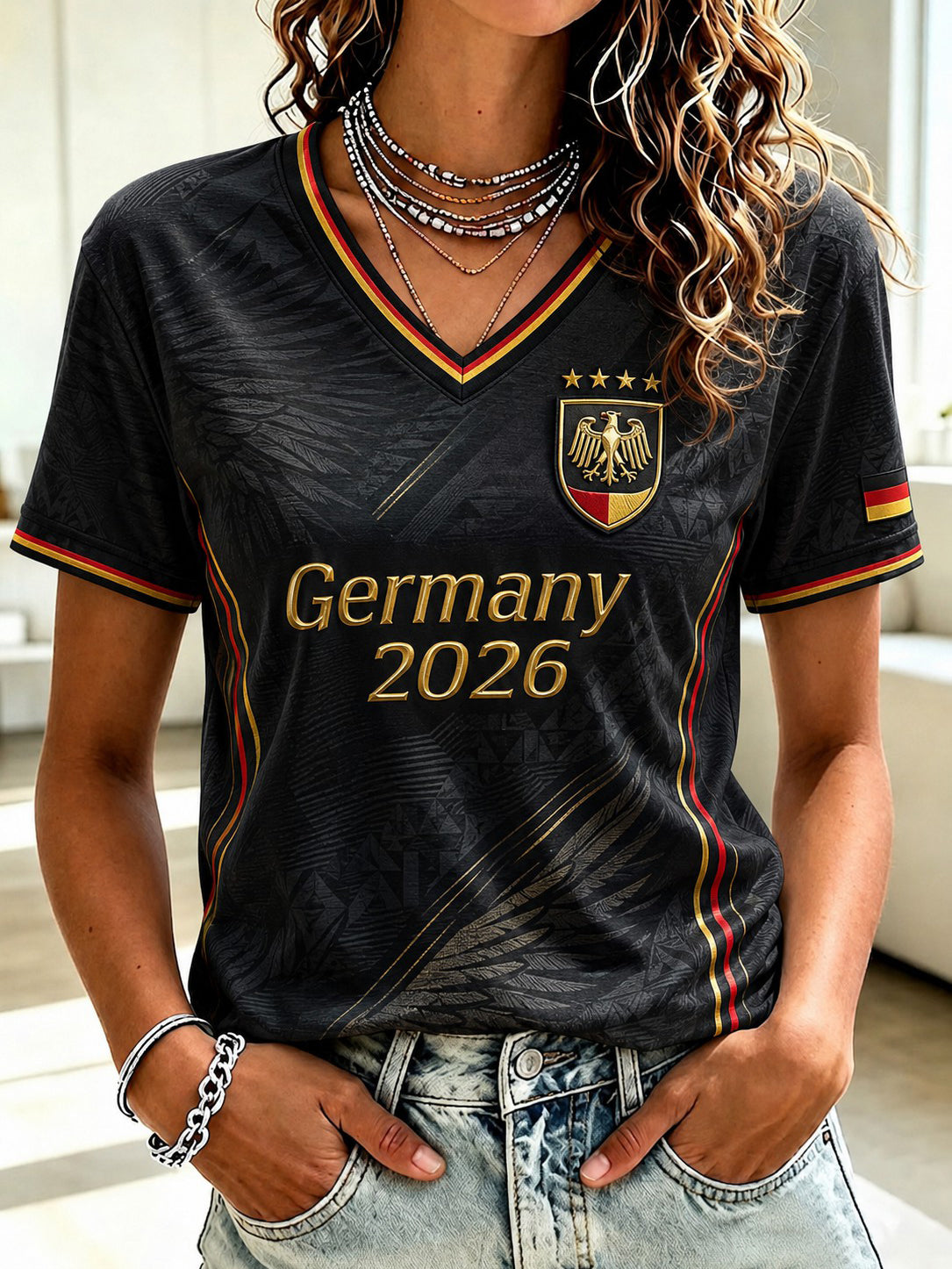 Women's Germany Football Printed V-neck T-shirt