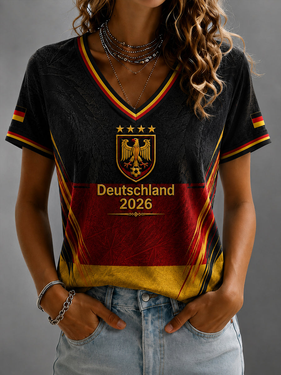 Women's Deutschland Football Fan Printed V-neck T-shirt