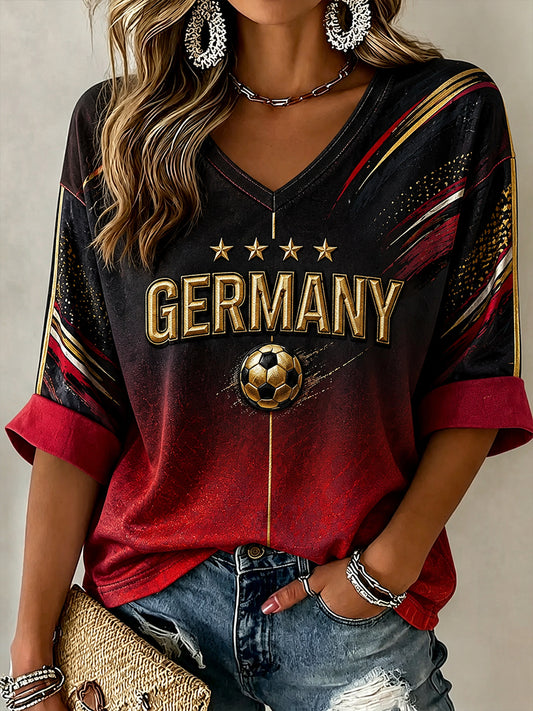 Women's Germany Football Pattern Linen V-Neck Shirt