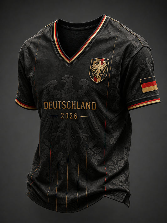 Herren-Fußballfan-T-Shirt aus Deutschland mit V-Ausschnitt und Print