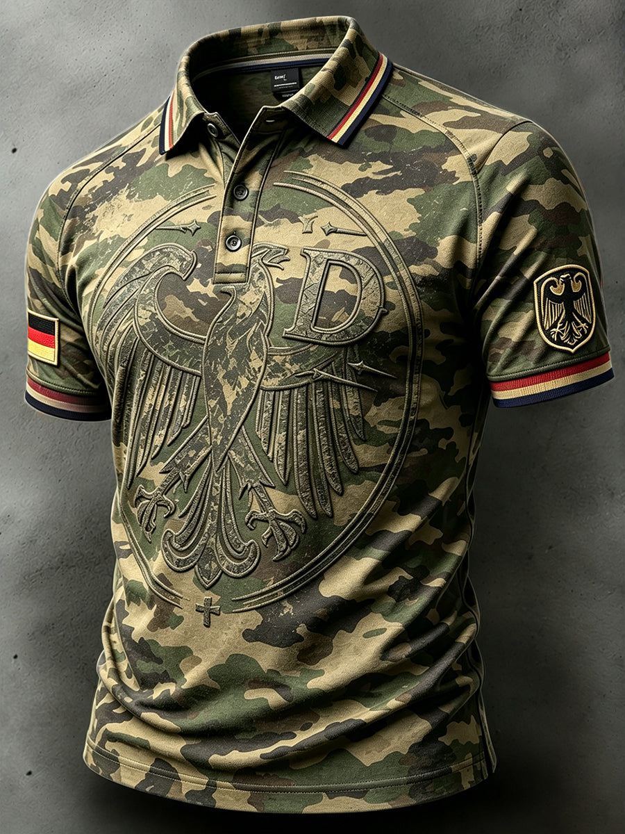 Herren-Poloshirt im Retro-Stil mit deutschen Fußballadler- und Camouflage-Print, lässig geschnitten