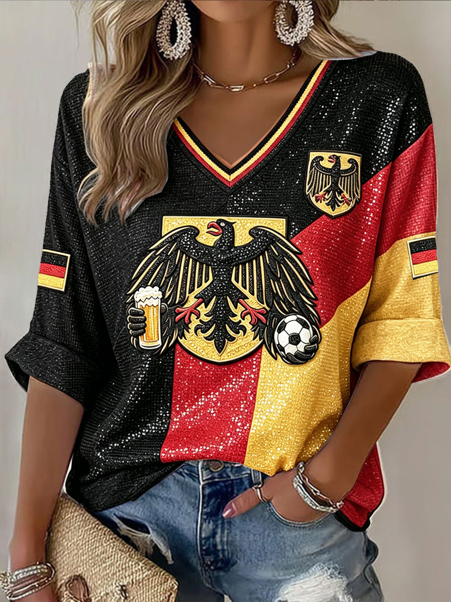 Damen Deutschland Adler Fußball-Print lässiges V-Ausschnitt-T-Shirt