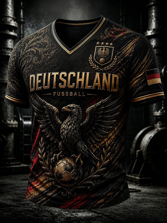 Herren-Fußballfan-T-Shirt aus Deutschland mit V-Ausschnitt und Print