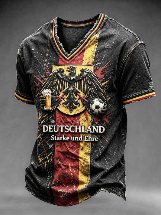Herren-Casual-T-Shirt mit V-Ausschnitt und Fußball-Print aus Deutschland