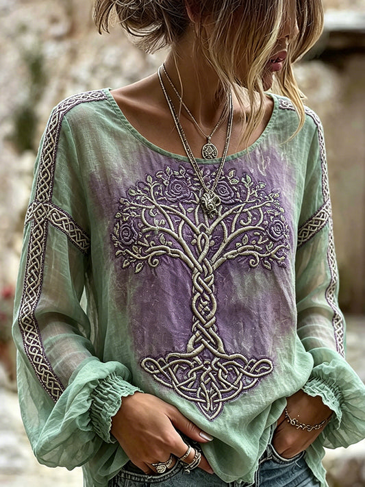 Damen-Edel-Shirt mit keltischem Lebensbaum-Kunstdruck aus Baumwolle-Leinen