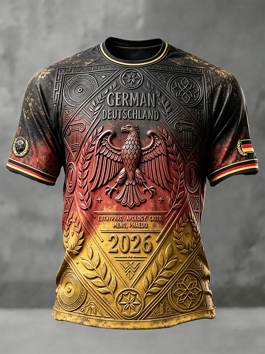 Herren-Vintage-T-Shirt mit deutscher Flagge und verlaufendem Adlermotiv, 3D-gedruckter Freizeitstyle für Fußballfans