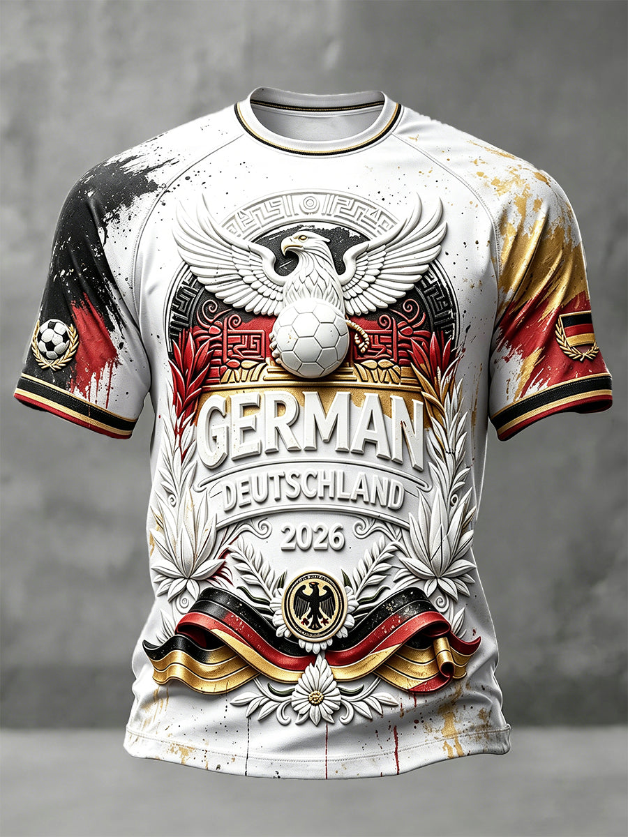 Herren-Weißes Freizeit-T-Shirt mit deutscher Flagge, Adler und Fußball-Graffiti-Print
