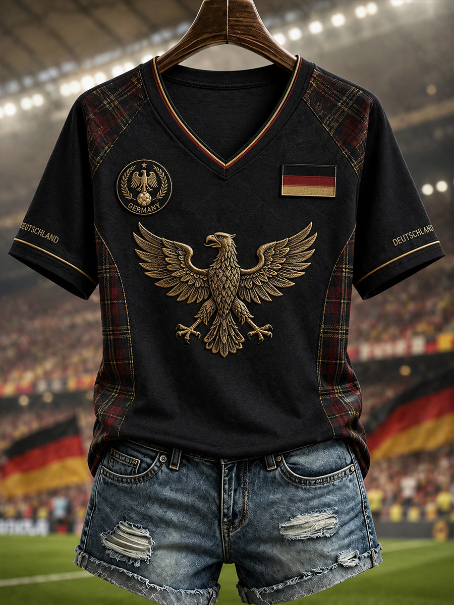 Damen-Fußball-T-Shirt in Deutschland-Optik mit V-Ausschnitt und schulterfreiem, kurzärmeligem Design