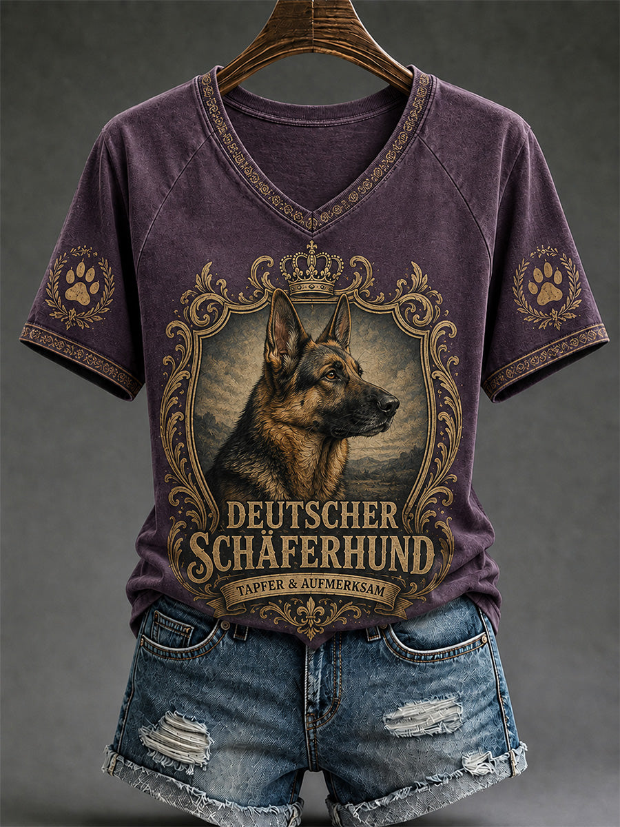 Damen-Retro-T-Shirt mit Hunde-Print und V-Ausschnitt, lässig geschnitten