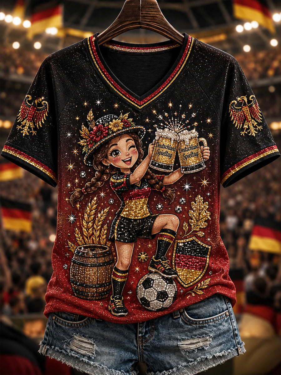 Damen-Fußball-T-Shirt aus Deutschland mit V-Ausschnitt und schulterfreiem, kurzärmeligem Design