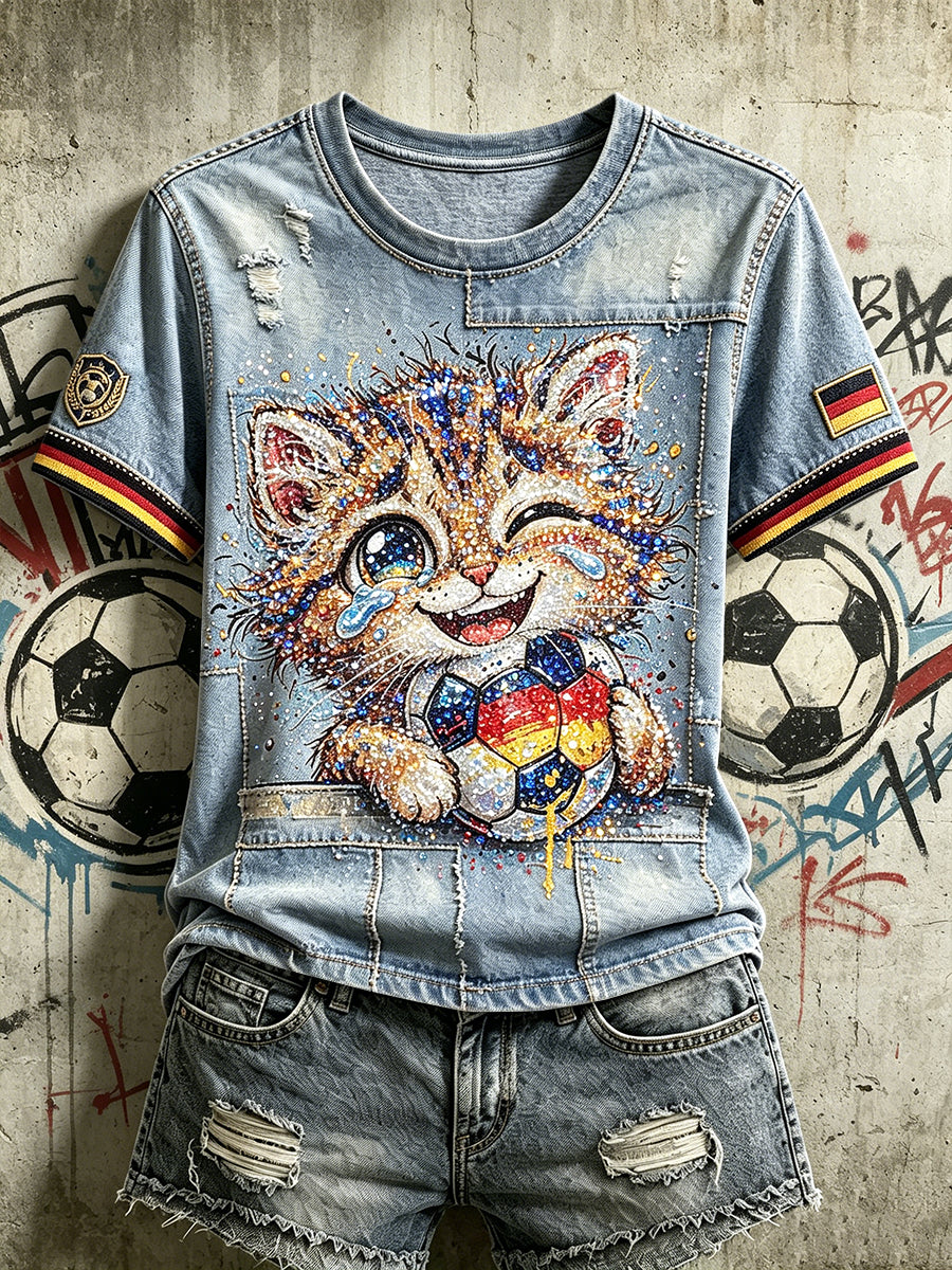 Damen-Vintage-Denim-Patchwork-Lässiges T-Shirt mit deutschem Fußball- und niedlichem Kätzchen-Print