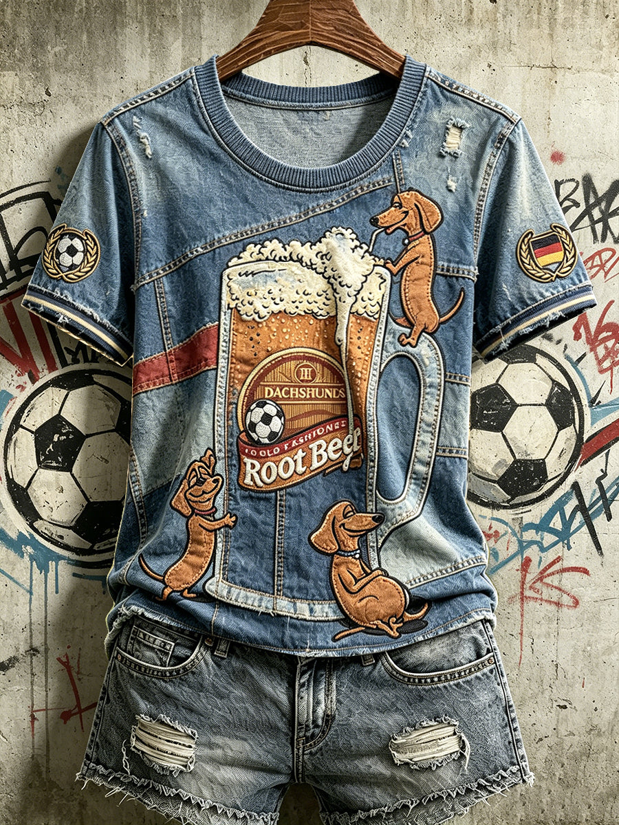 Damen-Deutschland-Welpen-Fußball-Bier-Retro-Jeans-Patchwork-Print-Lässiges T-Shirt