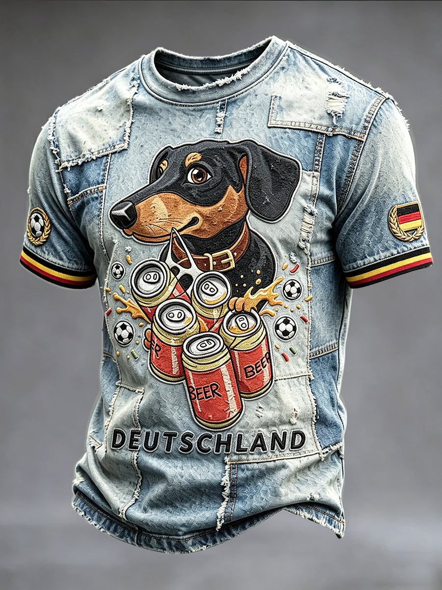 Herren-Retro-Denim-Patchwork-Casual-T-Shirt mit deutschem Dackel-Print