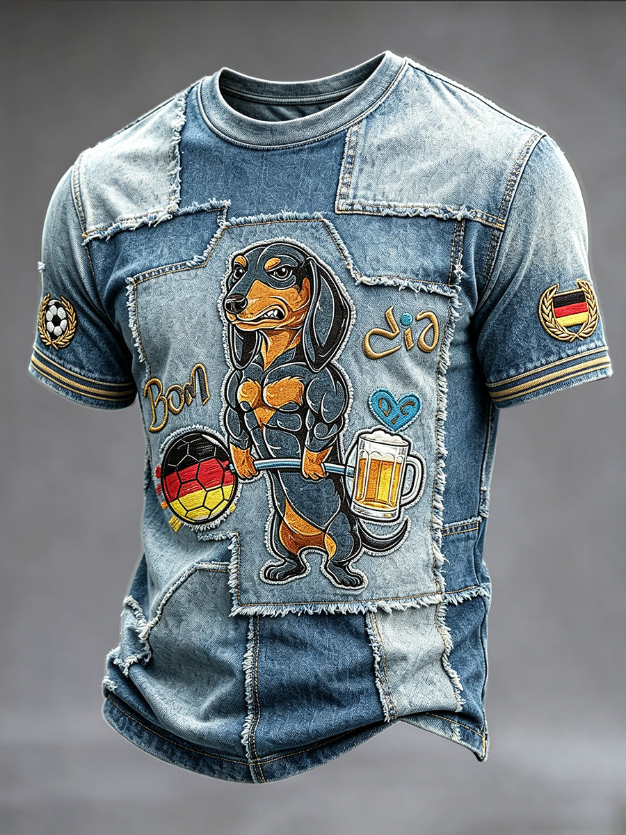 Herren-Vintage-Denim-Patchwork-Casual-T-Shirt mit deutschem Fußball- und Welpenprint